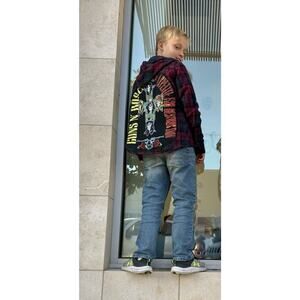 GUNS ‘N ROSES 80s Rock Retro Vintage Upcycled Plaid Hooded Flannel Kids Shirt M